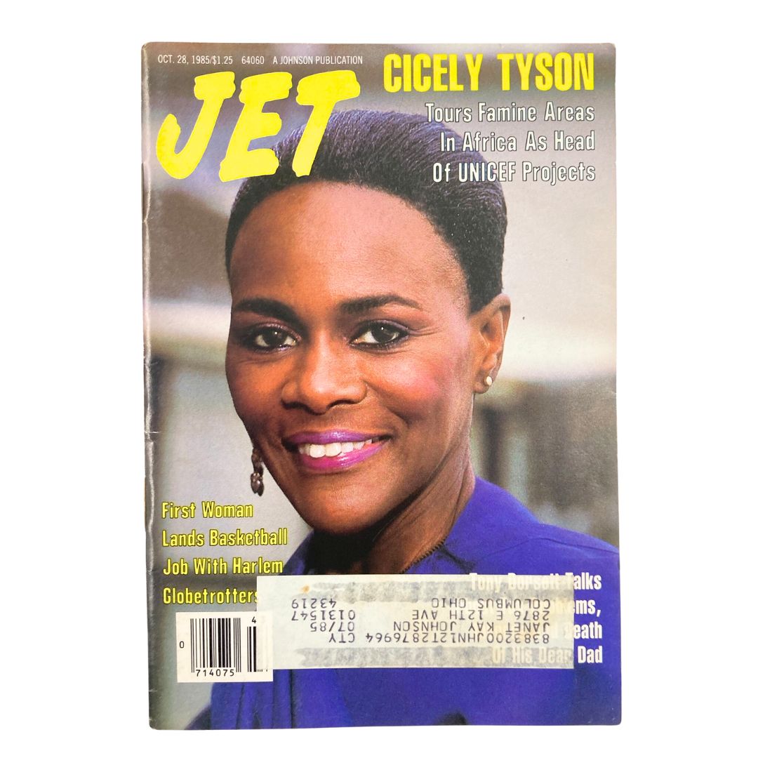 Cover of VTG Jet Magazine October 28 1985 featuring Cicely Tyson, who tours famine areas in Africa as Head of UNICEF Projects, showcasing the magazine's title and notable articles.