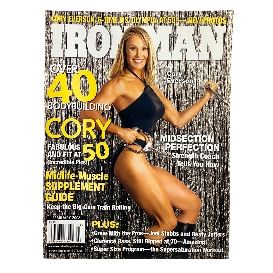 Cover of Muscular Development Magazine February 2008 featuring Corinna Everson, highlighting fitness and bodybuilding themes.