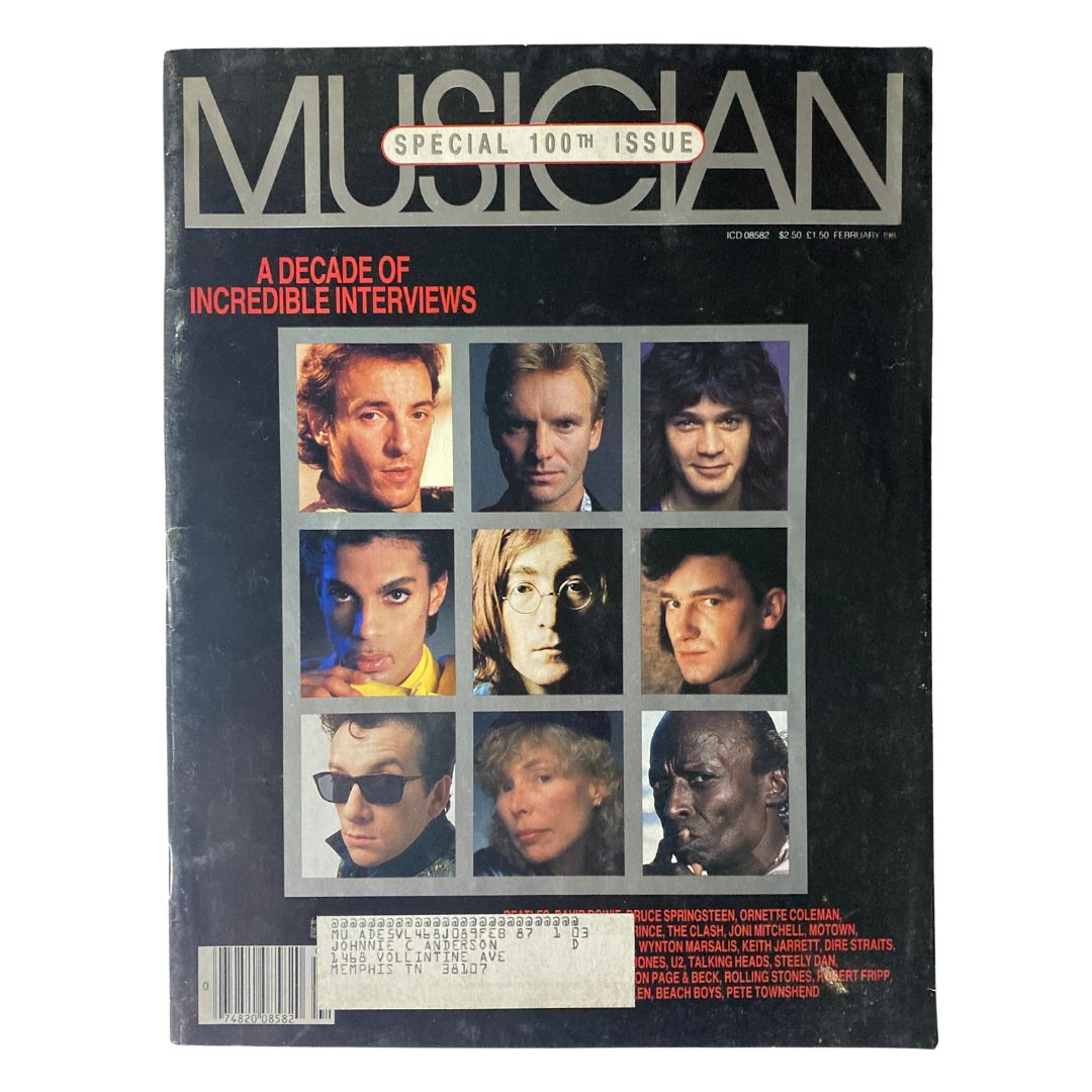 Cover of VTG Musician Magazine February 1987 featuring Bruce Springsteen, Ornette Coleman, and other influential musicians. Special 100th issue showcasing a decade of incredible interviews.