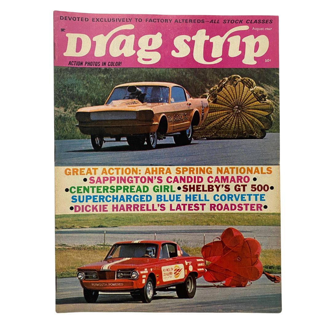 VTG Drag Strip Magazine August 1967 cover featuring Sappington's Candid Camaro and other iconic drag racing cars, showcasing vibrant colors and action in automotive culture.