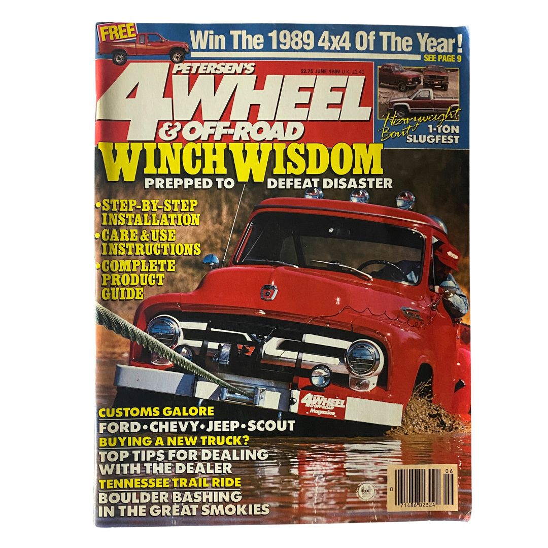 Cover of Petersen's 4-Wheel & Off-Road Magazine June 1989 featuring Winch Wisdom article, showcasing a classic red truck with a winch in an off-road setting.