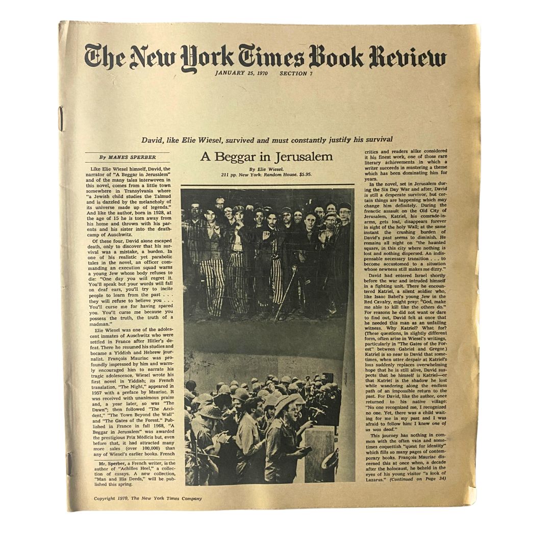 The New York Times Book Review from January 25, 1970, featuring the article 'A Beggar in Jerusalem'. The vintage publication showcases a captivating literary review on its front page.