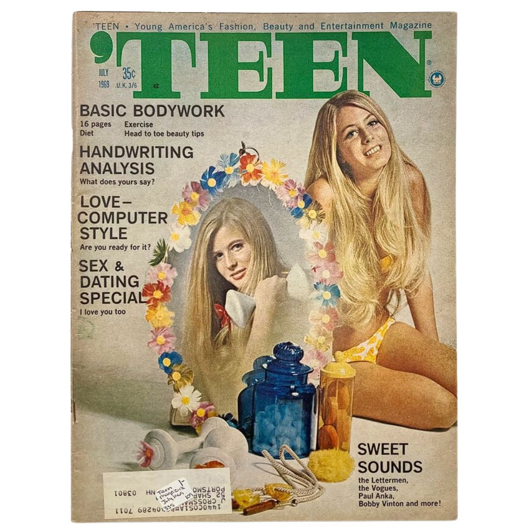 VTG 'Teen Magazine July 1969 Vol 13 #7 cover featuring articles on basic bodywork, handwriting analysis, and love-computer style designed for teen audiences.