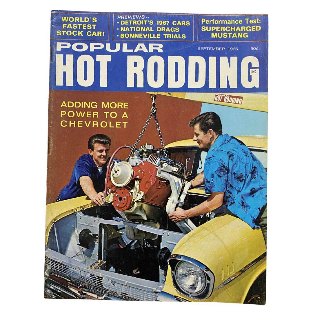 Cover of the Popular Hot Rodding Magazine from September 1966 featuring the title "Adding More Power to a Chevrolet" with two men working on an engine.