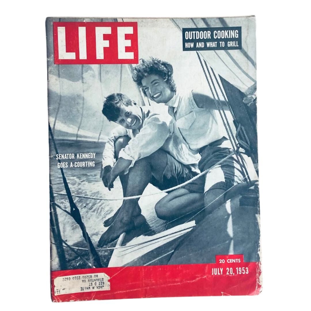 Vintage Life Magazine cover from July 20, 1953 featuring John F. Kennedy and Jackie Kennedy at Cape Cod, showcasing iconic moments in Americana.