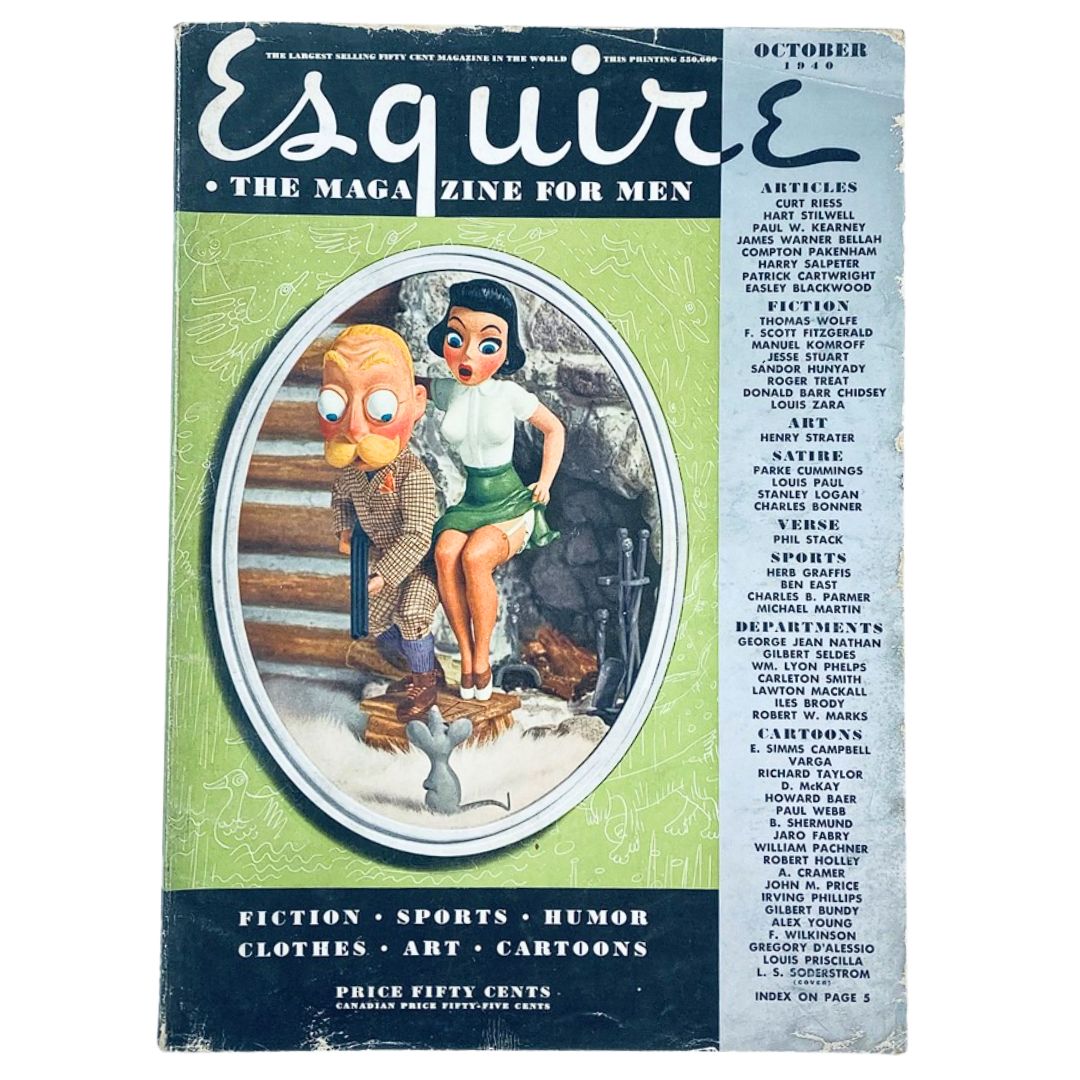 Cover of VTG Esquire Magazine October 1940 featuring unique illustrations and articles including 'The Fifth Field Artillery, U.S.A.' and various topics for men.