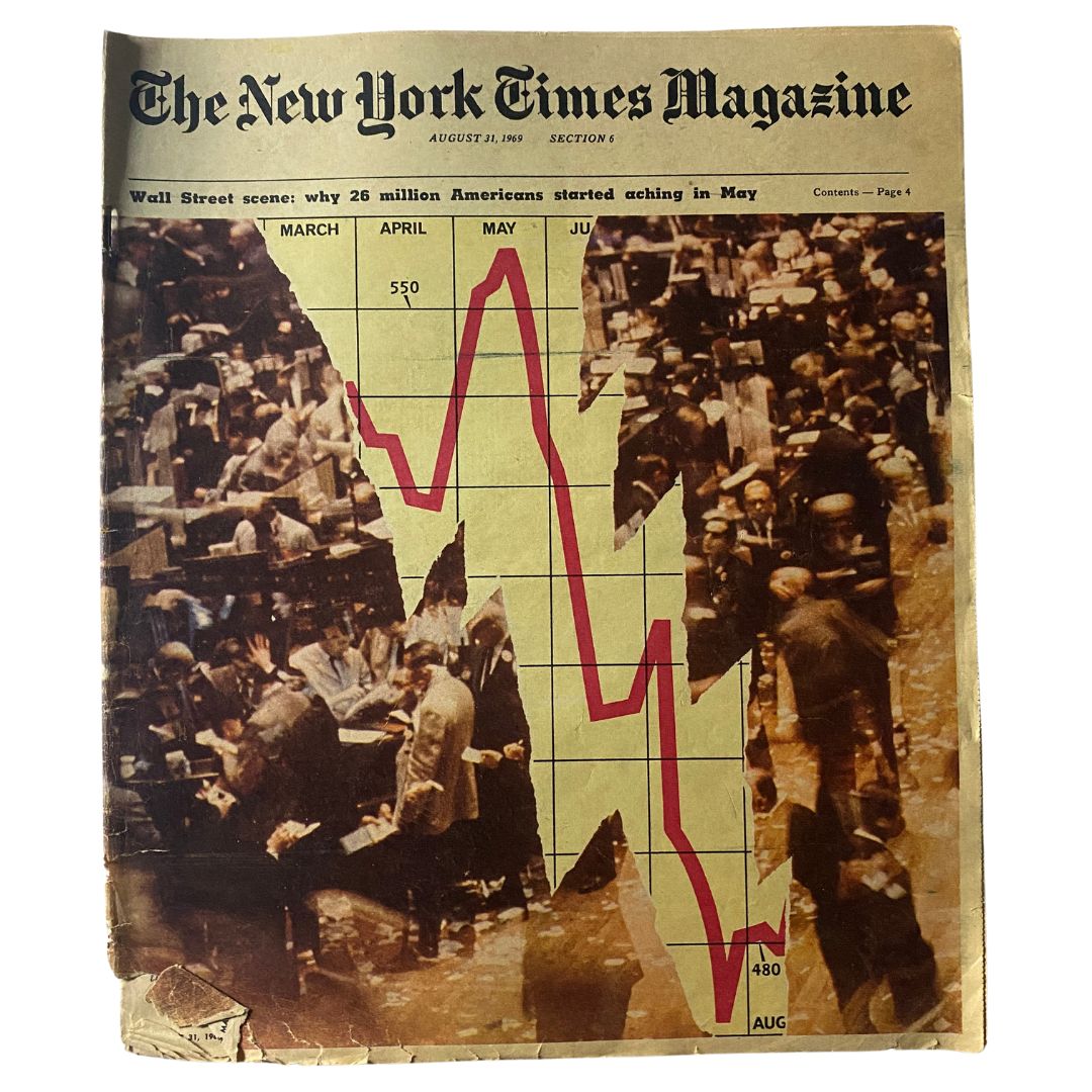 Cover image of The New York Times Magazine from August 31, 1969, showcasing a Wall Street scene with a downward trending graph and busy trading floor, a historical representation of the stock market during that era.