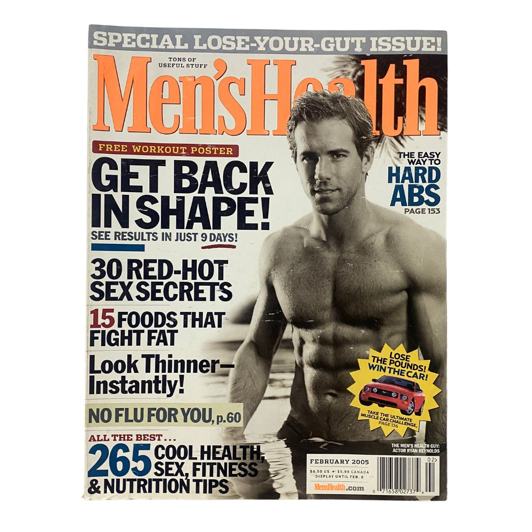 Men's Health Magazine February 2005 cover featuring actor Ryan Reynolds, highlighting fitness tips and health trends from the early 2000s.