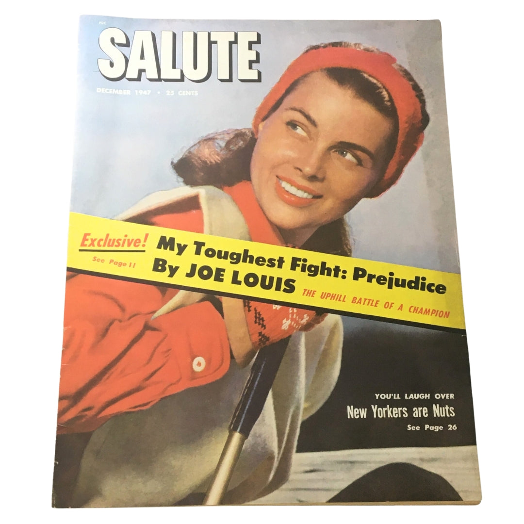 VTG Salute Magazine December 1947 cover featuring Dusty Anderson with headline on exclusive article by Joe Louis and an illustration of a serene landscape.