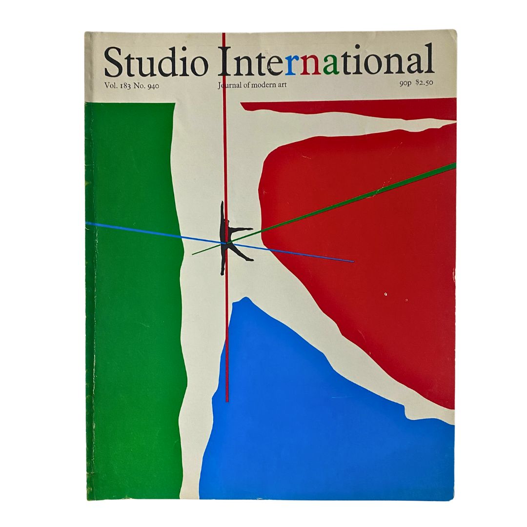 Cover of VTG Studio International Magazine January 1972 titled 'Towards a Minimal Art', showcasing abstract art with bold colors including green, blue, red, and white.