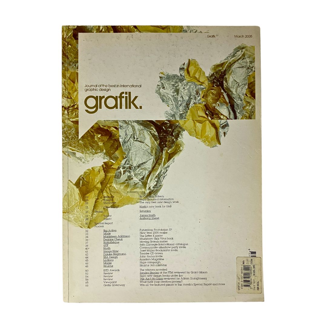 Grafik Magazine March 2005 Mushroom Girls Virus book cover featuring a design with a unique mix of metallic materials, showcasing avant-garde style in graphic design.