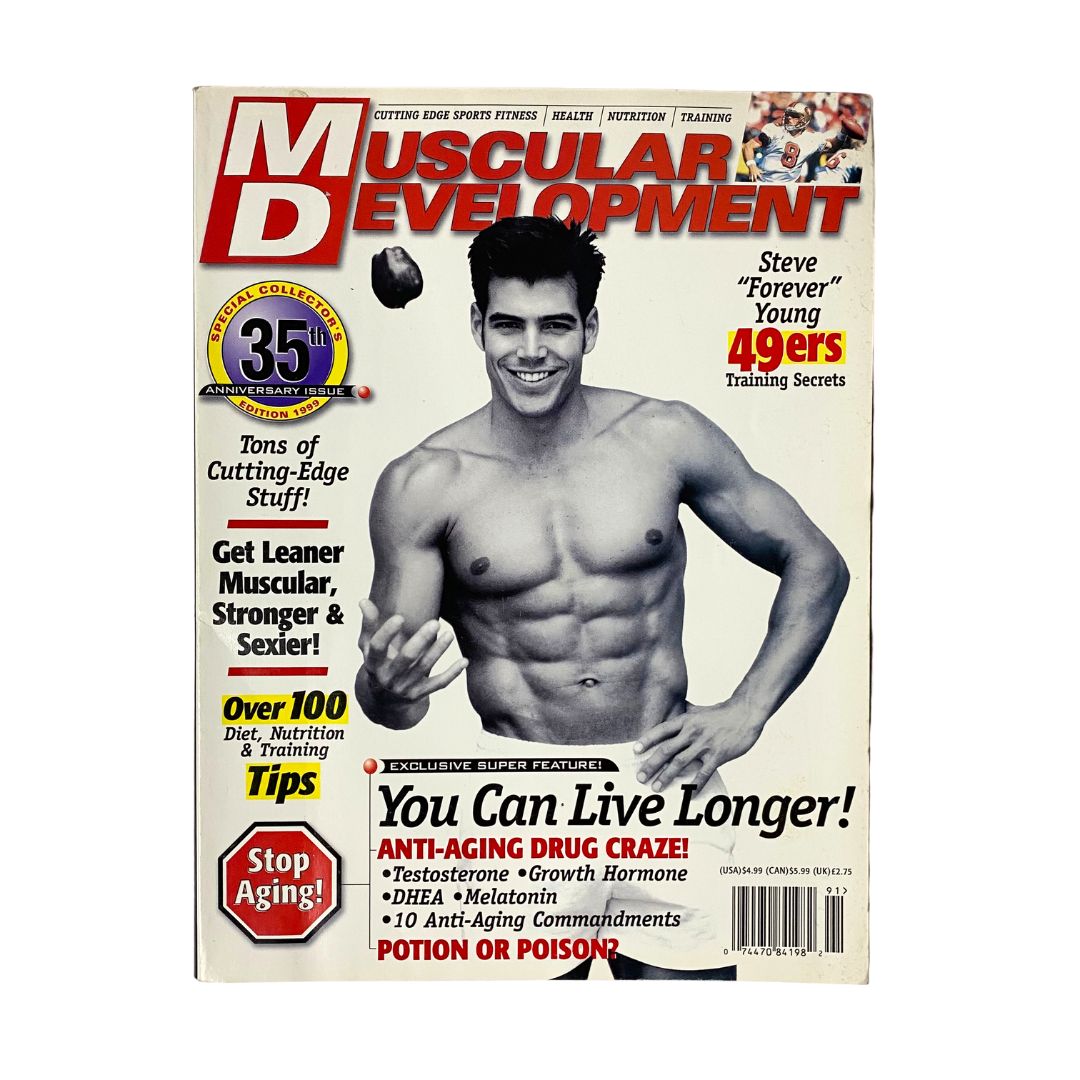 Muscular Development Magazine 1999 featuring Steve Young on the cover, celebrating the 35th anniversary of the publication. The cover highlights fitness topics, including diet and anti-aging tips, capturing the essence of bodybuilding culture in the late 1990s.