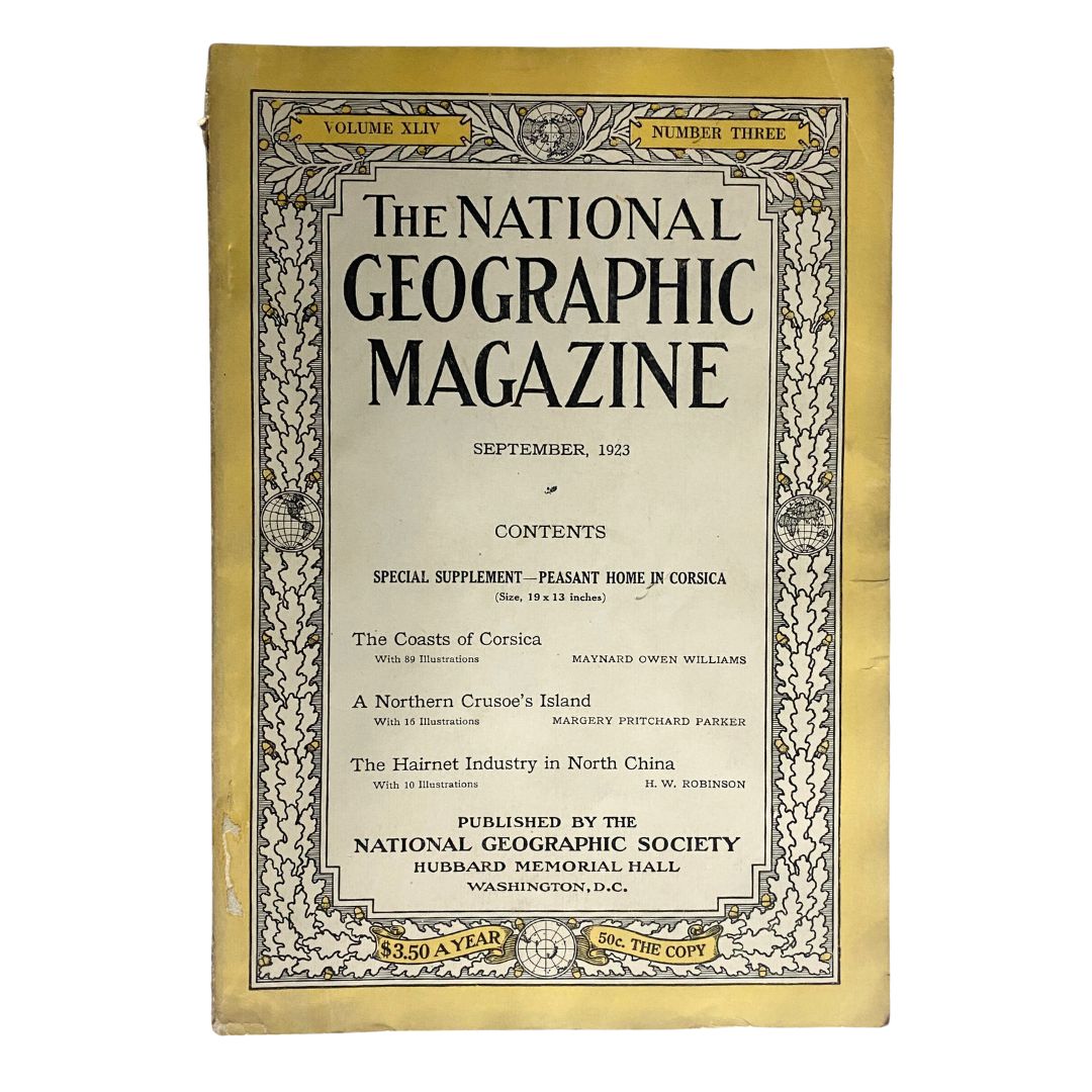 Cover page of the National Geographic Magazine from September 1923, featuring the title and contents, including a special supplement on a peasant home in Corsica.