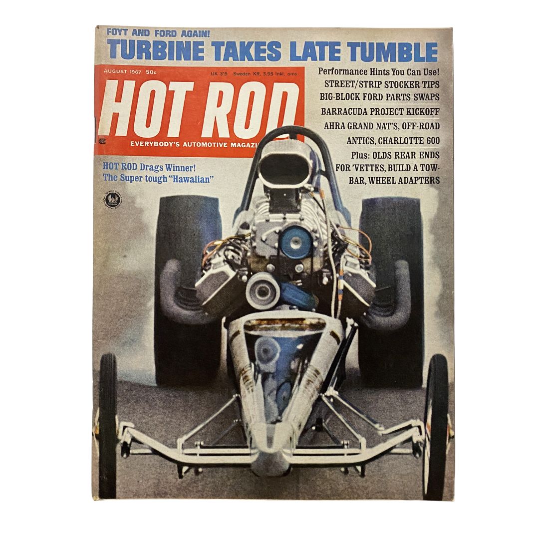 VTG Hot Rod Magazine August 1967 cover featuring the Super-Tough 'Hawaiian' hot rod, showcasing automotive nostalgia and highlights of drag racing.