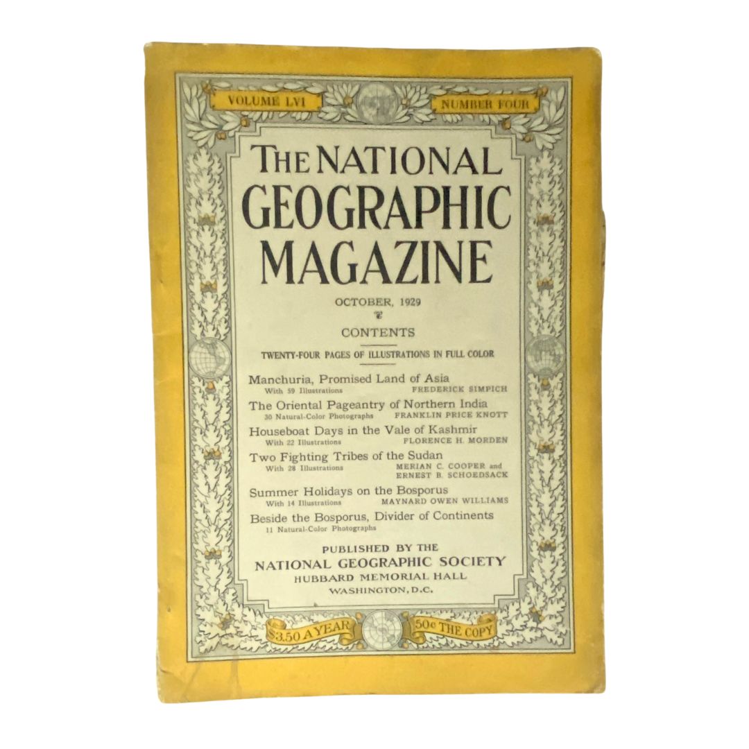 Cover of National Geographic Magazine October 1929 featuring articles on various regions, including Beside the Bosporus, with details of its contents and illustrations.