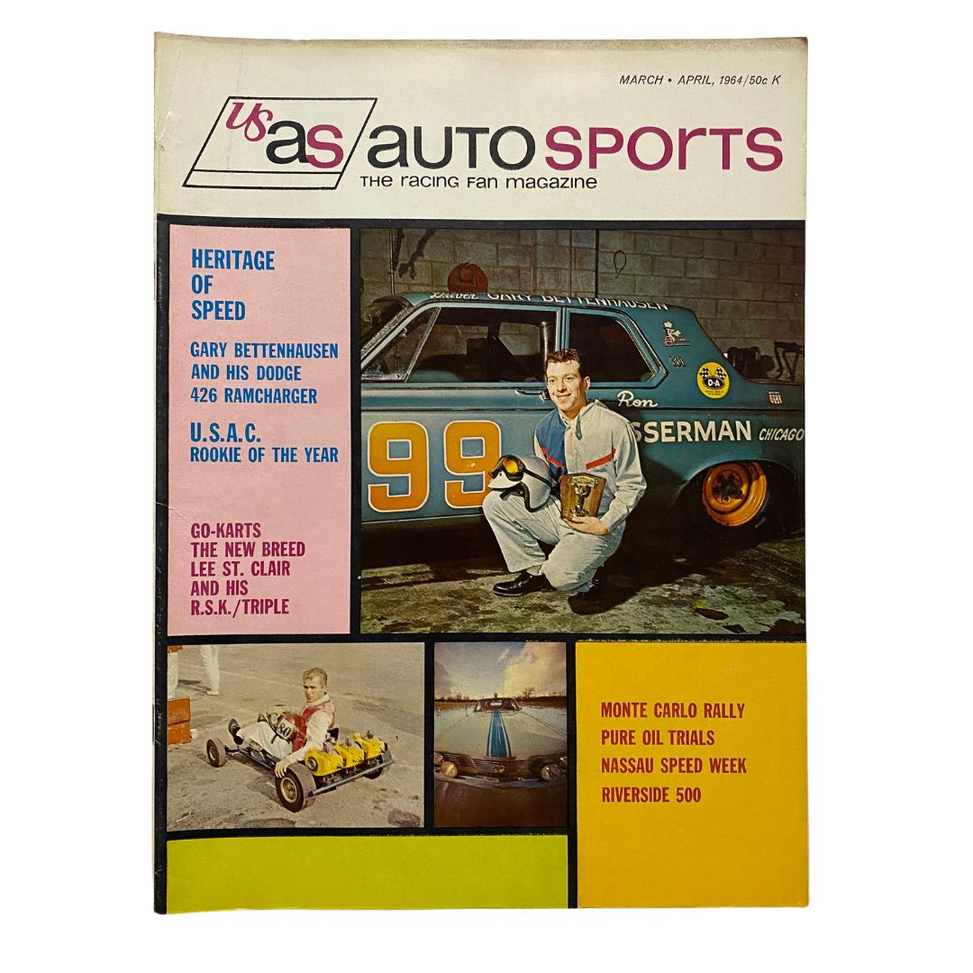 Cover of U.S. Auto-Sports The Racing Fan Magazine from March 1964 featuring Gary Bettenhausen with his Dodge 426 Ramcharger and the number 99 car, showcasing vibrant colors and highlights of racing events.