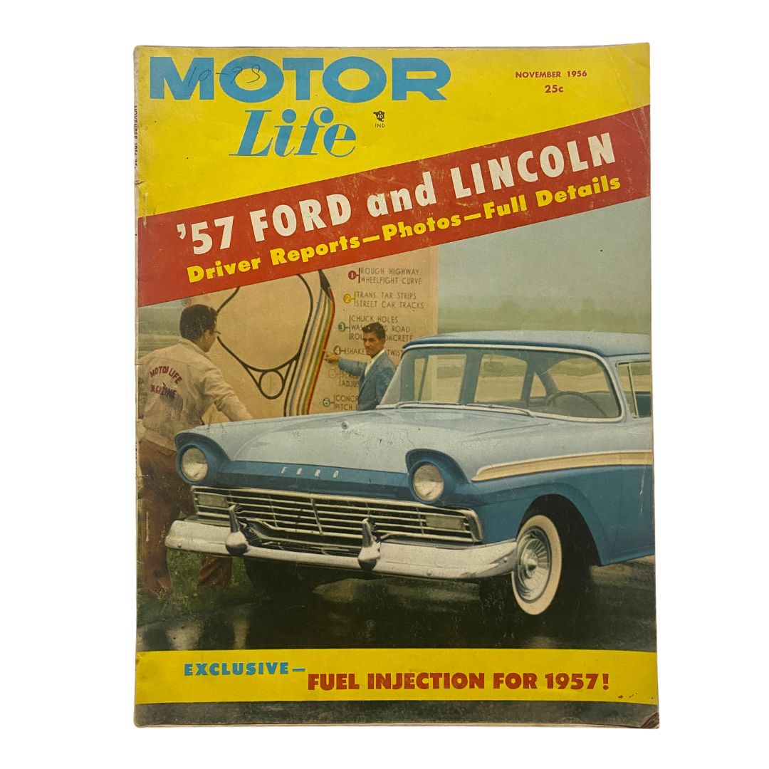 VTG Motor Life Magazine November 1956 featuring the 1957 Ford and Lincoln on the cover, showcasing mid-century automotive design and charm.