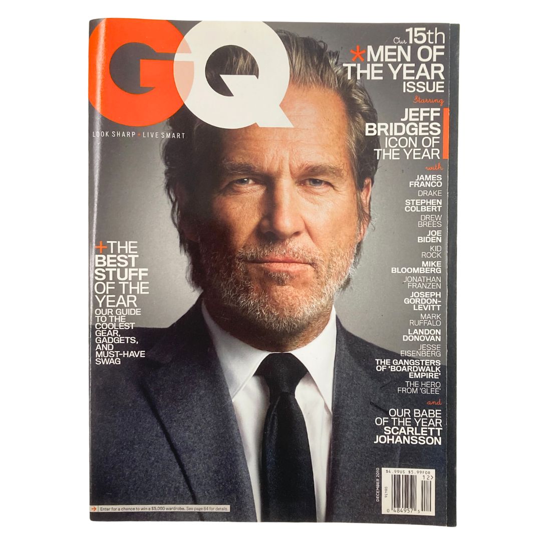 GQ Magazine December 2010 cover featuring Jeff Bridges as Icon of the Year, showcasing a close-up portrait of the actor in a suit and tie.