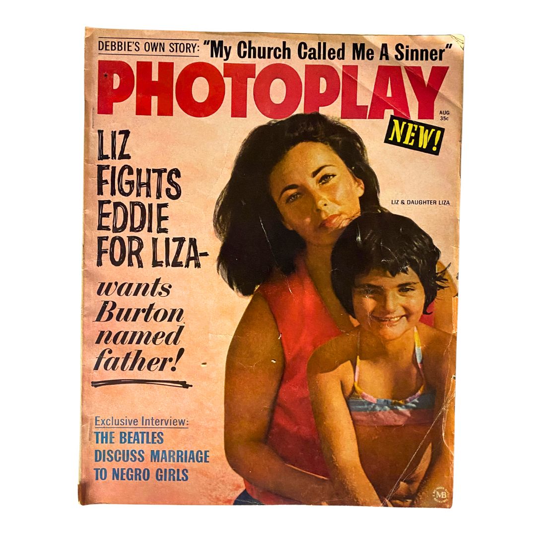 Vintage Photoplay Magazine August 1964 featuring Liz Taylor and her daughter Liza on the cover, highlighting iconic Hollywood moments.
