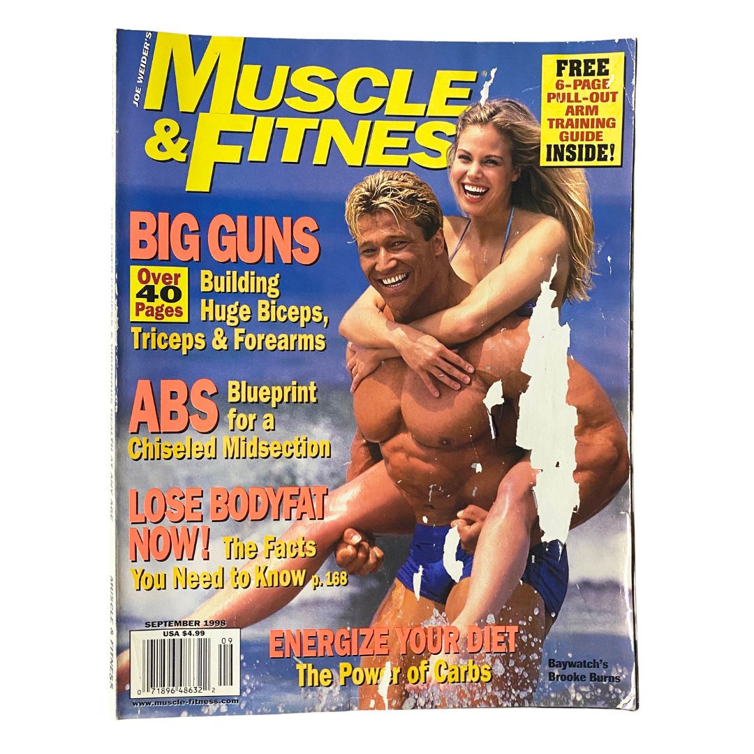 Cover of Muscle & Fitness Magazine from September 1998 featuring bodybuilder Gunter Schlierkamp and actress Brooke Burns. The design highlights topics like building biceps, losing body fat, and an ABS blueprint. A nostalgic piece for fitness enthusiasts and collectors.