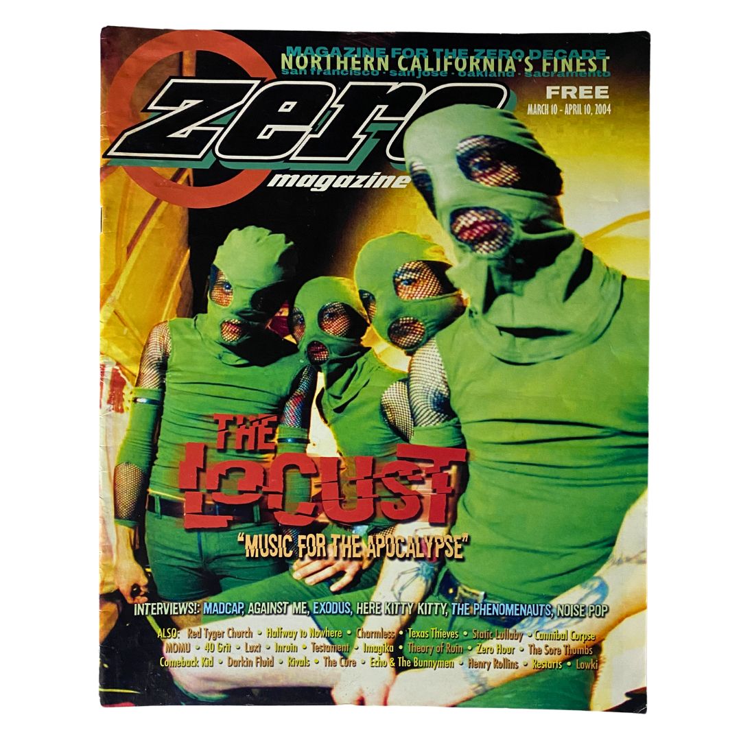 Zero Magazine March 10 2004 cover featuring The Locust, titled 'Music for The Apocalypse', showcasing band members in green outfits.