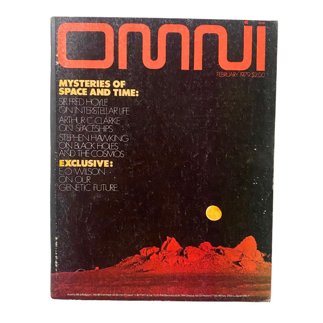 Cover of VTG Omni Magazine February 1979 featuring the title 'Mysteries of Space and Time' along with notable contributors like Sir Fred Hoyle, Arthur C. Clarke, and Stephen Hawking.