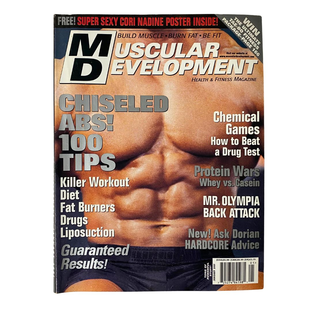 Muscular Development Magazine January 2001 cover featuring tips for chiseled abs, including workout advice and fitness articles.