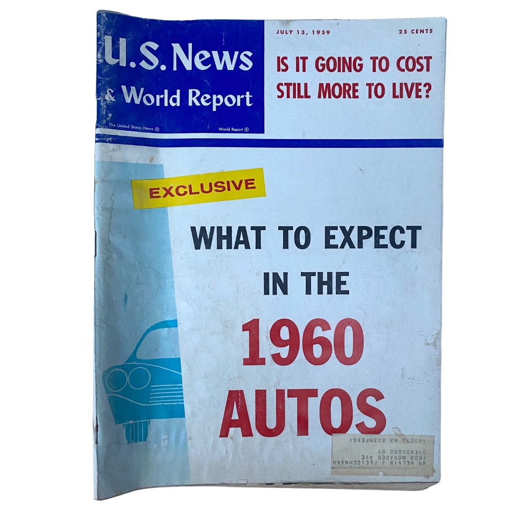Cover of US News & World Report Magazine July 13, 1959 featuring the headline "What To Expect In The 1960 Autos" with an image of a classic car.