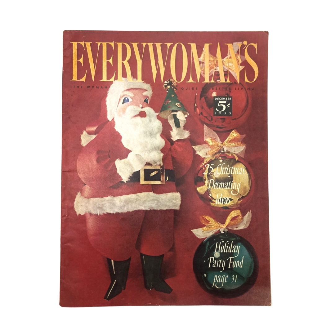 Cover of VTG Everywoman's Magazine December 1953 featuring a Santa Claus illustration and holiday decorations, showcasing Christmas decorating ideas.