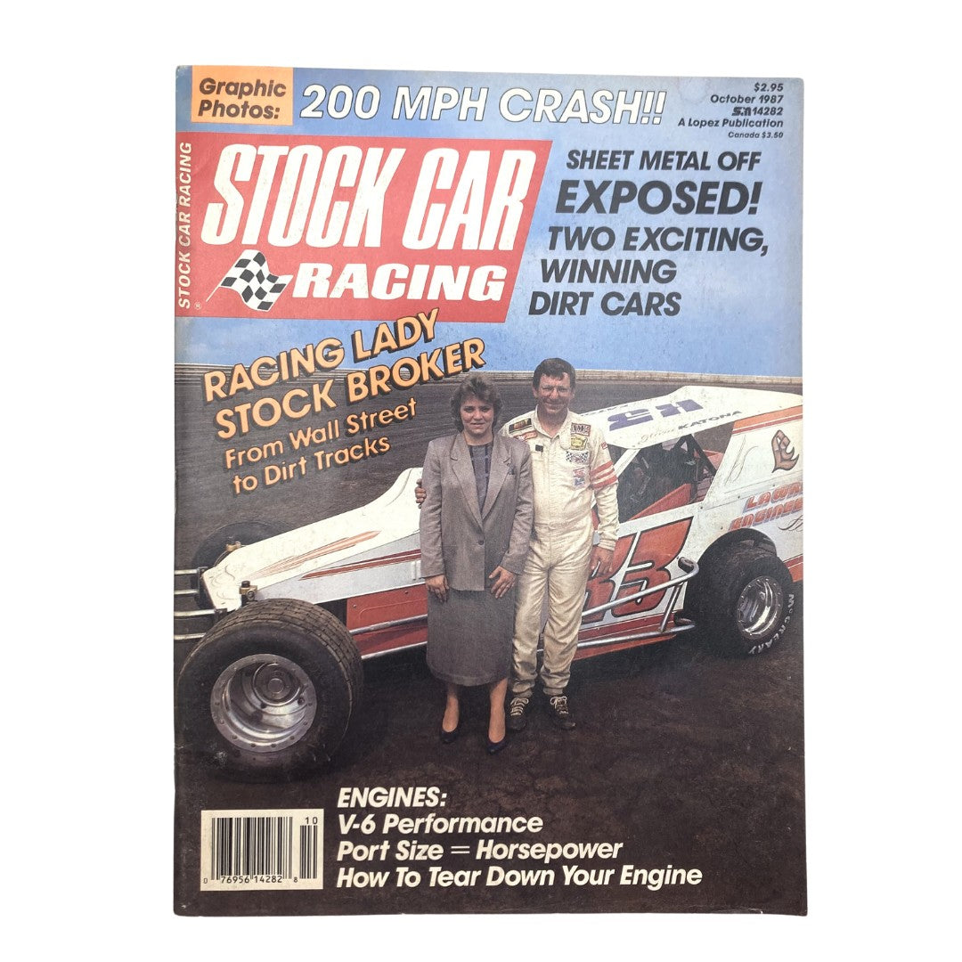 Cover of the VTG Stock Car Racing Magazine from October 1987 featuring Gloria and Les Katona, highlighting stock car racing themes.