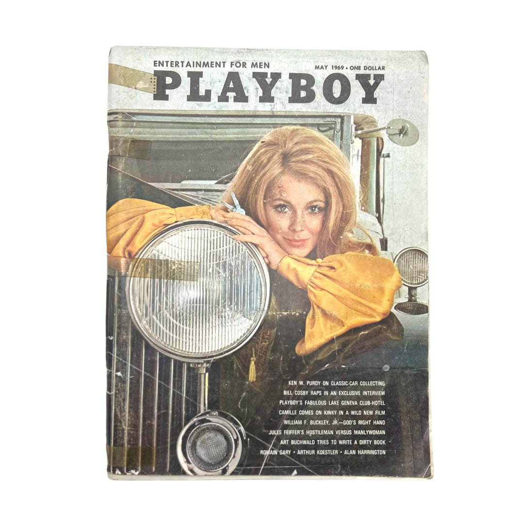 Cover of VTG Playboy Magazine May 1969 featuring Sally Sheffield, highlighting vintage charm with a classic car backdrop.