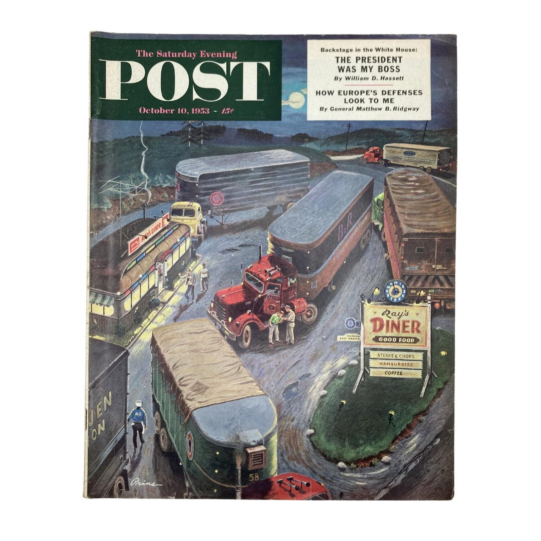 Cover of Saturday Evening Post Magazine from October 10, 1953 featuring a vintage illustration by Ben Prins depicting a busy country road scene with trucks and diners.