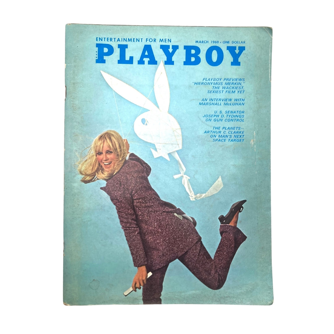 VTG Playboy Magazine March 1969 cover featuring actress Kathy MacDonald, showcasing vintage fashion and the iconic Playboy bunny logo.