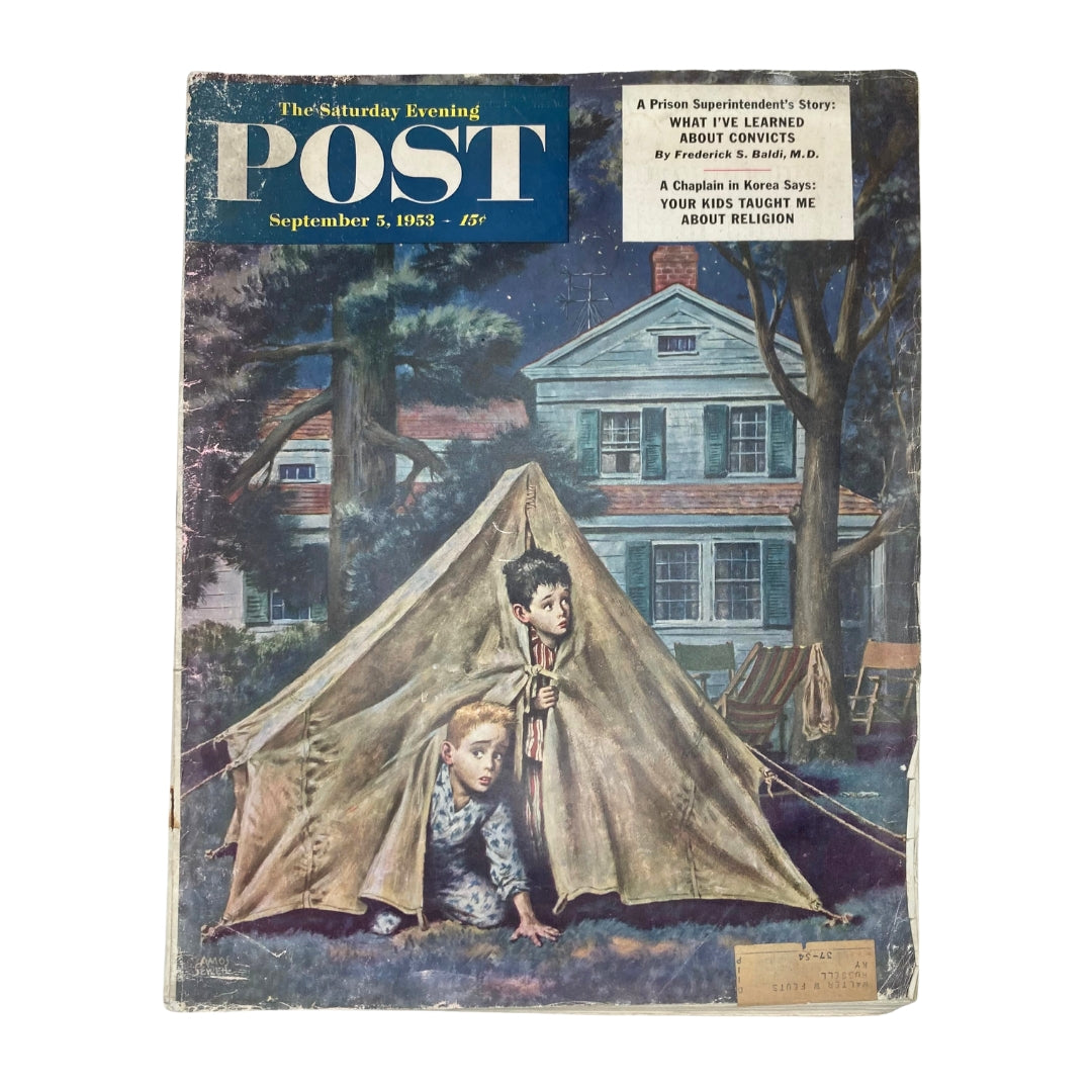 Cover of Saturday Evening Post Magazine September 5, 1953, featuring outdoor-themed illustration titled 'Outdoor Sleep' by Amos Sewell with two boys in a tent.