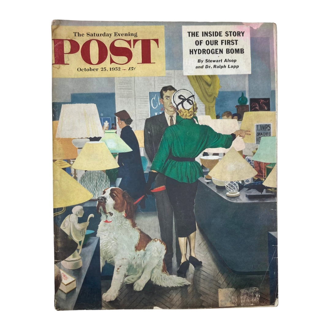 Cover of the Saturday Evening Post Magazine dated October 25, 1952, featuring the illustration 'Lady's Favor' by George Hughes, depicting a stylish woman in a green outfit in an interior setting surrounded by lamps and a dog.