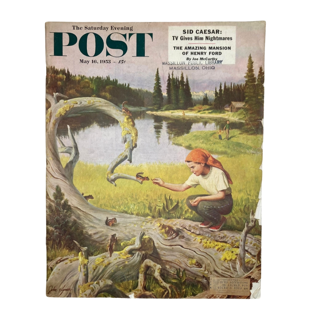 Cover of Saturday Evening Post Magazine May 16, 1953, featuring 'Big Western Hills' by John Clymer, depicting a boy exploring nature by a tranquil lake, with colorful landscape and classic designs.