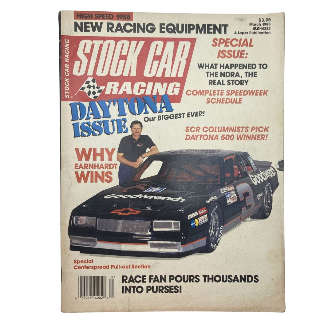 Cover of VTG Stock Car Racing Magazine March 1988 featuring the headline 'Why Dale Earnhardt Wins' with an image of a stock car and a driver.