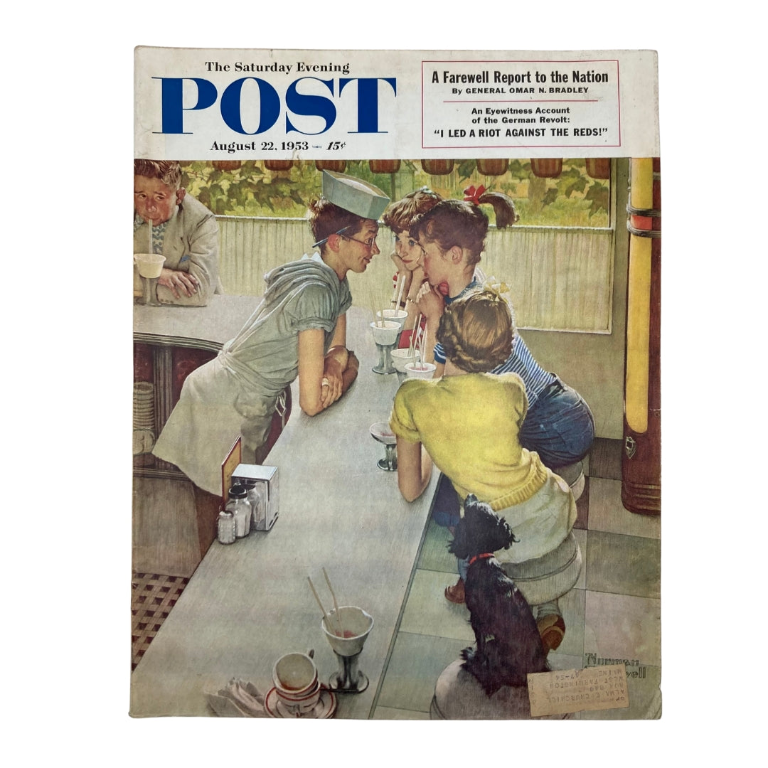 Cover of the Saturday Evening Post Magazine from August 22, 1953 featuring Norman Rockwell's artwork depicting a nostalgic scene at a diner with a group of children and a dog.