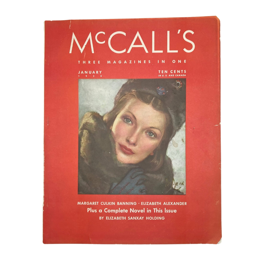 Cover of VTG McCall's Magazine January 1938, featuring a portrait of a woman with a fur coat, with text highlighting stories by Margaret Culkin Banning and Elizabeth Alexander, plus a complete novel.