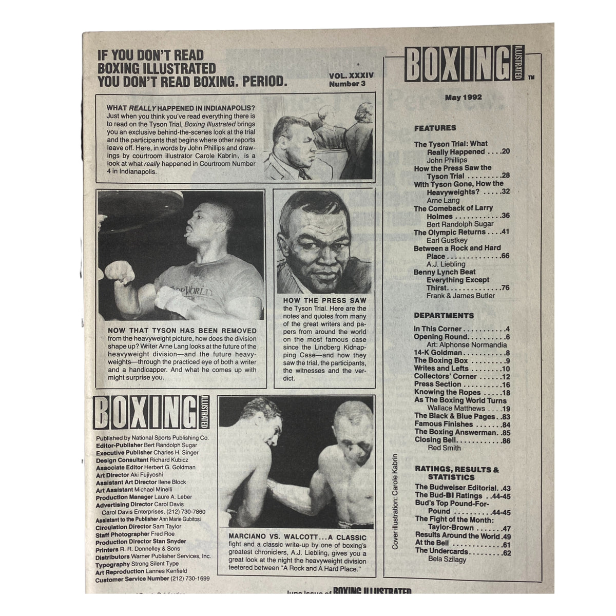 Back cover of Boxing Illustrated Magazine May 1992 Mike Tyson Cover, featuring highlights from the issue including articles on the Tyson trial, press reactions, and boxing ratings.
