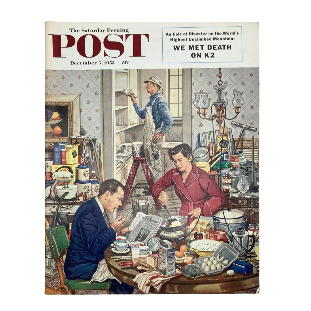 Cover of Saturday Evening Post Magazine from December 5, 1953, featuring the artwork 'Catalysm' by Dohanos, depicting a domestic scene with men working and a woman cooking.