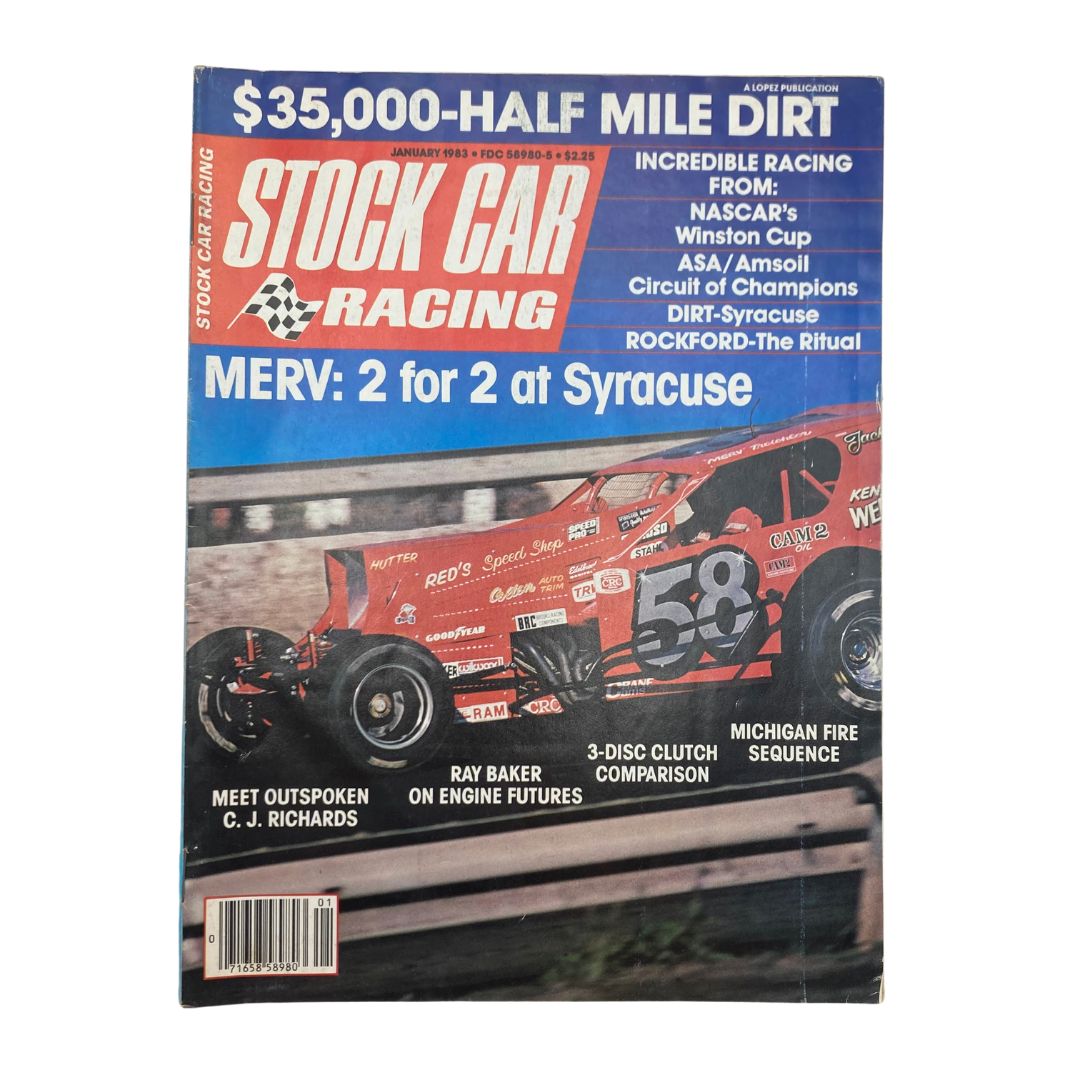 Vintage Stock Car Racing Magazine January 1983 cover featuring the headline 'MERV: 2 for 2 at Syracuse' and a racing car, representing a significant moment in stock car racing history.
