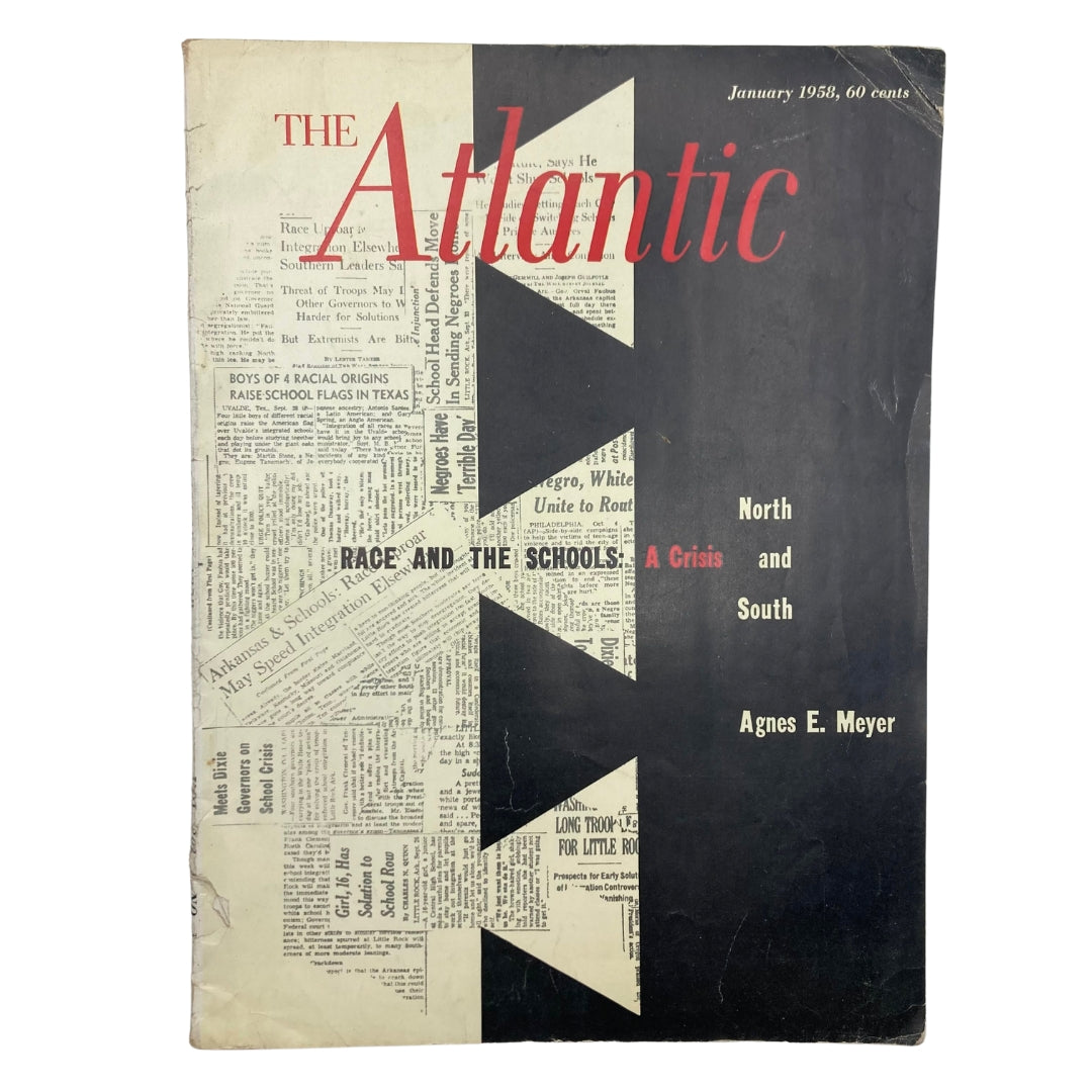 VTG The Atlantic Magazine January 1958 Cover displaying the title 'Race and The Schools: A Crisis,' featuring a bold design and a significant emphasis on education and race relations in America.