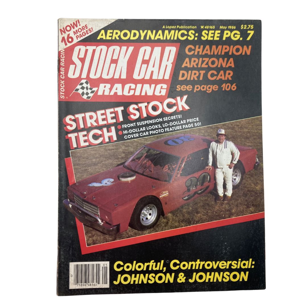 Vintage Stock Car Racing Magazine cover from May 1986 featuring Dick William's Street Stock. The cover showcases articles on Street Stock Tech and highlights a red racing car with the number 31, along with a driver in racing gear. This collectible magazine offers insights into the 1986 racing scene.