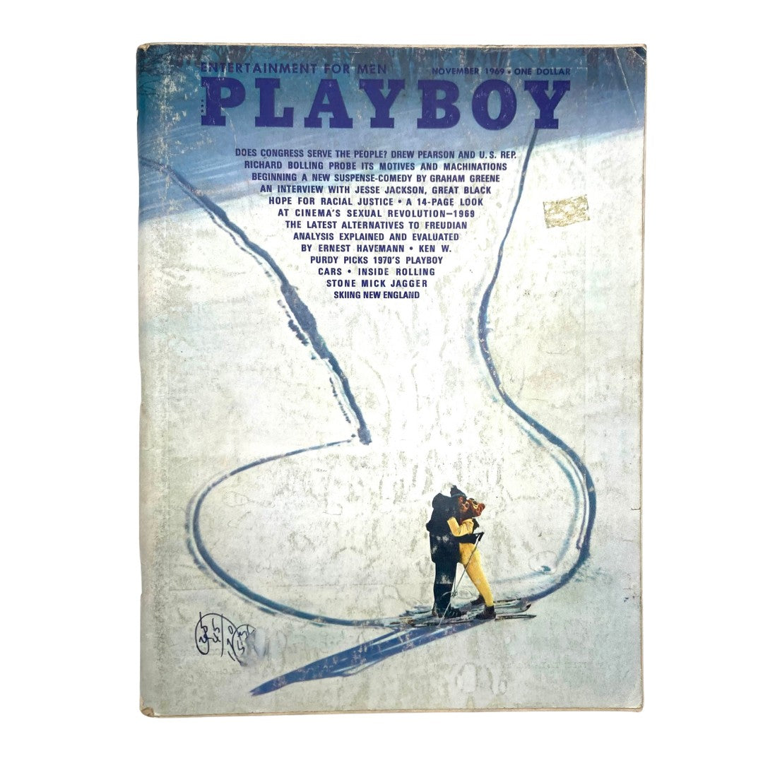 Playboy Magazine November 1969 cover featuring bold typography and themes of entertainment, exemplifying the vintage appeal with a unique illustration.