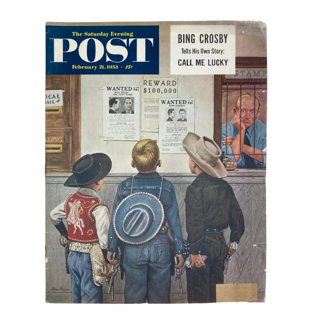 Cover of the Saturday Evening Post Magazine dated February 28, 1953 featuring the illustration 'Surface-of-the-Moon' by Charles P. Dohanos, showing three children dressed as cowboys looking at wanted posters.