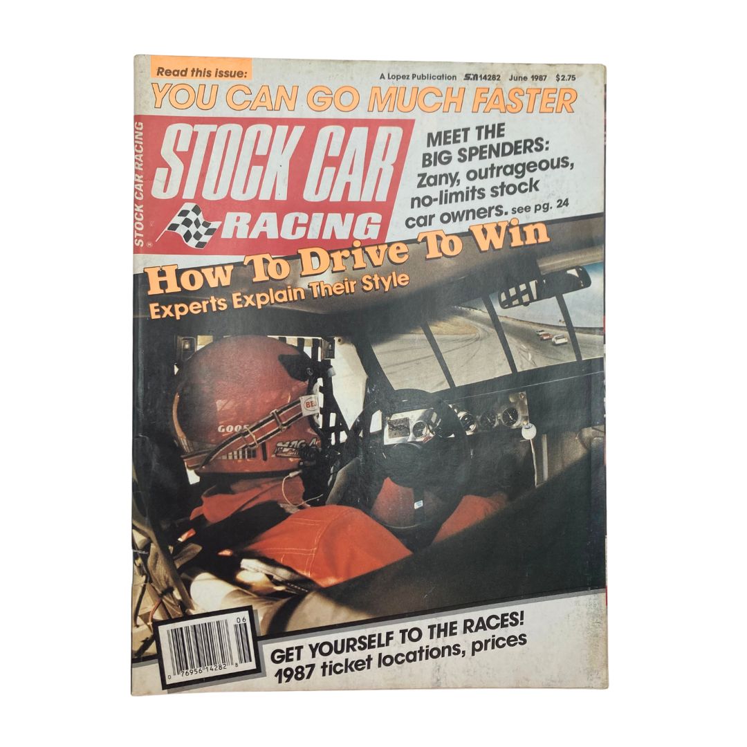 Cover of VTG Stock Car Racing Magazine from June 1987 featuring a driver in a racing helmet inside a stock car cockpit, with the slogan 'How To Drive To Win' prominently displayed. This collectible magazine celebrates Davey Allison's impact on the Winston Cup Series.