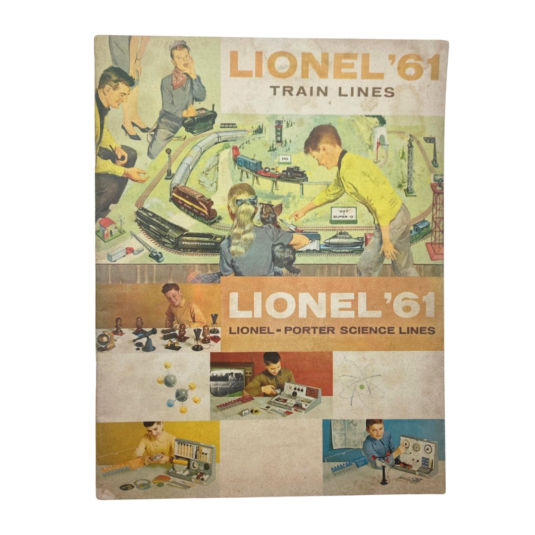 Cover of the 1961 Lionel Model Railroad Train Porter Science Lines Catalog featuring colorful illustrations of children playing with train sets and various model train products.