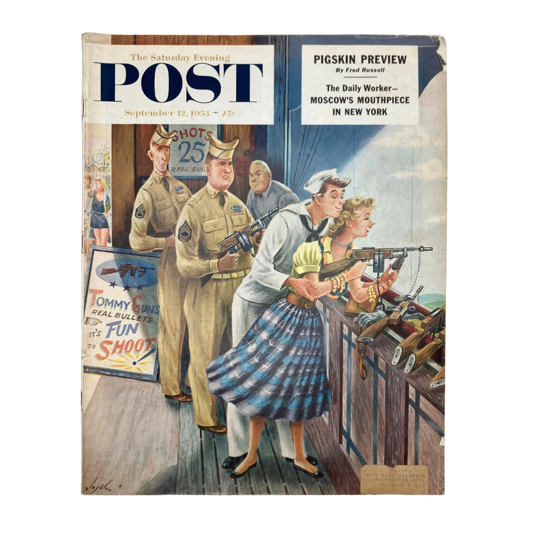 Cover of Saturday Evening Post Magazine from September 12, 1953, featuring the artwork 'Shooting Gallery' by Alajalov, depicting a shooting gallery scene with men and women, capturing the vibrant spirit of mid-century America.