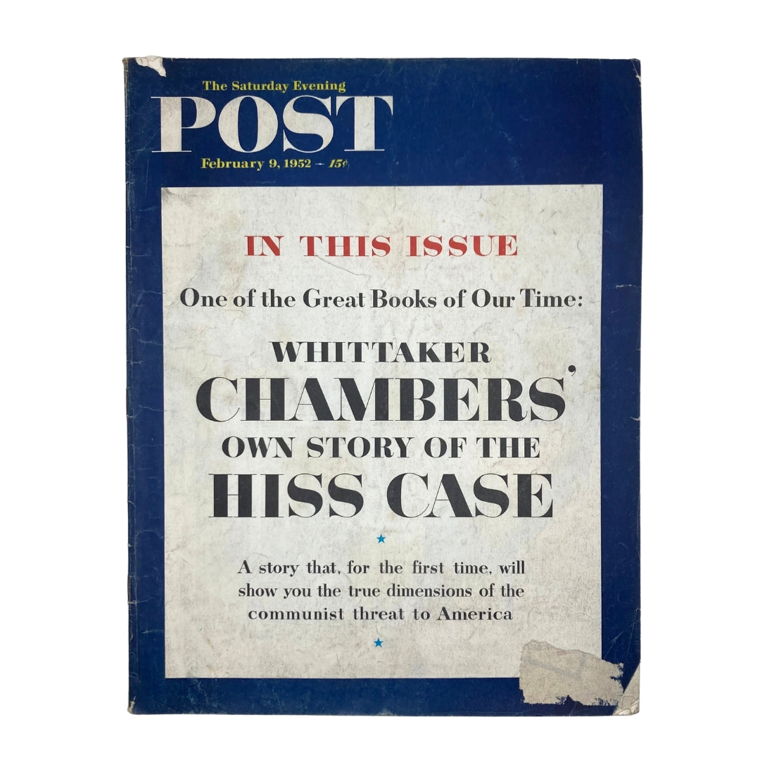 Cover of the Saturday Evening Post Magazine from February 9, 1952, featuring the title 'Whittaker Chambers' Own Story of the Hiss Case', highlighting its historical significance and captivating design.